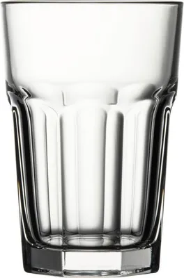 A clear glass tumbler with vertical ribbing.