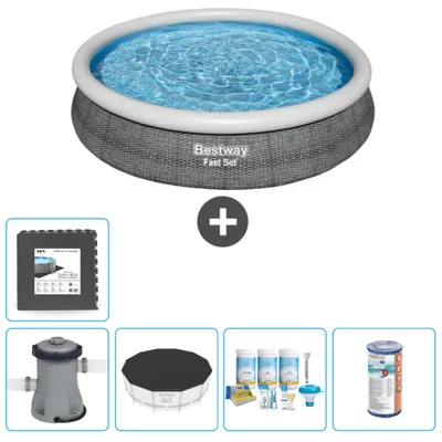 Produktbild von Bestway runder aufblasbarer Fast-Set-Pool – Rattan-Druck – 366 x 76 cm – inklusive Pumpe Abdeckung - Wartungspaket - Filter - Bodenfliesen
