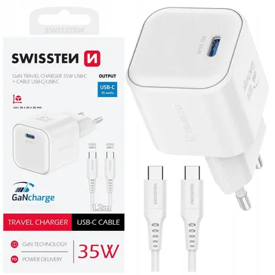 Zdjęcie produktu dla Swissten, szybka ładowarka GaN USB-C 35 W z kablem USB-C o długości 1,2 m, biała