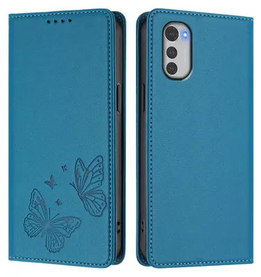 Obrázek produktu pro Kožené pouzdro pro Motorola Moto E32, motýlí ražbou, peněženkové flip pouzdro se stojánkem Modrá