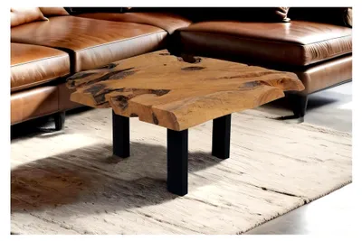 Produktbild von Couchtisch Ibiza, Beistelltisch aus Baumwurzelholz und massivem Teakholz, Sofatisch mit schwarzen Metallbeinen, 80 x 80 x 40 cm