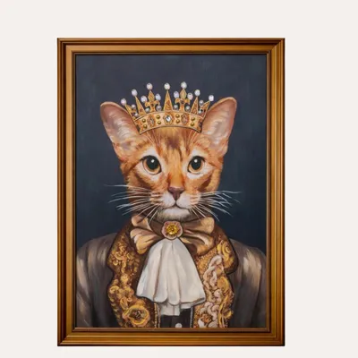Produktbild von KEYHOMESTORE | Bild „Katze mit Krone“ im Vintage-Stil mit Holzrahmen