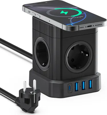 Produktbild von VOOMY 9-in-1 Steckdosenwürfel mit USB und USB-C - 5-Fach Stecker & 4 USB - Mehrfachsteckdose mit 2M Kabel und Schalter - Steckdosenleiste mit Überspannungsschutz - 4000W Powercube - Weiß