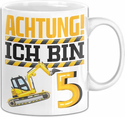 Produktbild von 5. Geburtstag Geschenk Tasse Becher Jungs Baustelle Geburtstagsgeschenk Achtung Ich Bin 5 (Weiß)