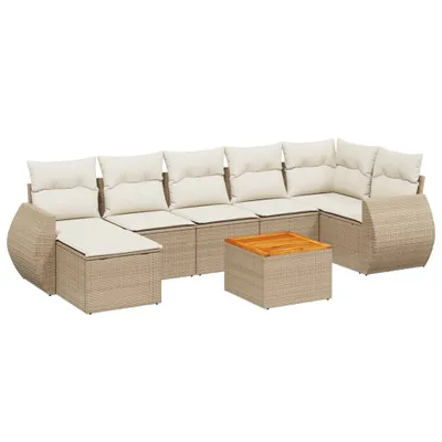 Produktbild von Modulares Gartenmöbel-Set 8-tlg., Loungemöbel mit Stauraum, Poly Rattan & Akazienholz, UV-beständig, Beige mit Cremeweißen Kissen