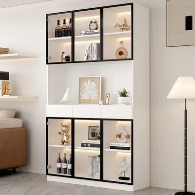 Obrázok produktu pre Vysoká sklenená vitrína Biela s čiernym rámom 120 x 30 x 200 cm, ovládanie cez LED aplikáciu, sklenené dvere, 3 zásuvky, max. 90 kg