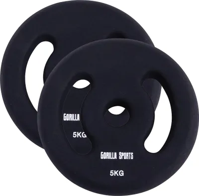 Two black weight plates are shown against a white background.