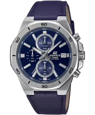 Produktbild von Casio Edifice Herrenuhr EFV-640L-2A Chronograph, blaues Zifferblatt, Lederarmband, 44mm, 100m wasserdicht