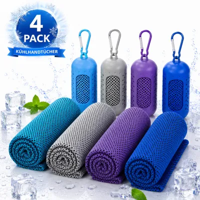 Produktbild von 4 Stück Kühlhandtuch Cooling Towel, 100 x 30 cm, Kühlendes Sporthandtuch schnelltrocknend, Mikrofaser Eishandtuch für Fitness, Gym,Yoga,Laufen,Outdoor