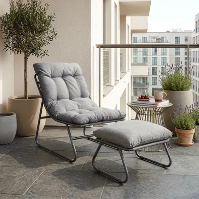Produktbild von Gartenmöbel-Set 'Malmö' 2-tlg. Sessel mit Fußhocker Polsterkissen Metallgestell Dunkelgrau