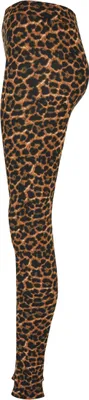 A single pair of leopard print leggings shown from the side.