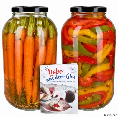 Immagine prodotto di Set da 2 barattoli per conserve, capacità 4,25 litri, con coperchio nero. Include un ricettario. (Modello TO100)