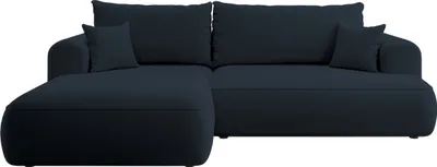 Produktbild von Selsey Ovo - Ecksofa mit Schlaffunktion, Bettkasten, Ottomane links, Easy-Clean-Veloursbezug in Dunkelblau