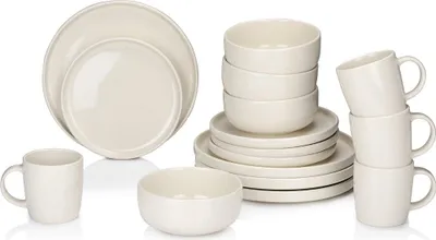 Obrázok produktu pre súprava riadu alpina 16 kusov - Súprava tanierov pre 4 osoby - Kameninový riad - Raňajkové taniere, obedové taniere, misky a šálky - Vhodné do mikrovlnnej rúry a umývačky riadu - Krémová farba