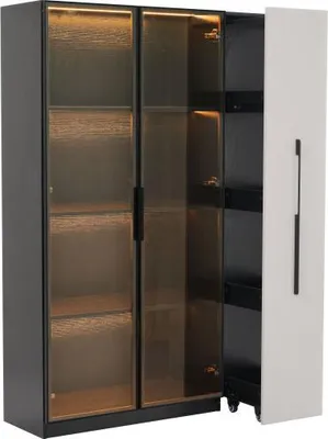 Produktbild von Multifunktionsschrank 110,5x35x160cm Vitrine LED Seitenauszug Rollschrank Weiss Schwarz Hochschrank Buecherregal Badezimmerschrank Esszimmerschrank