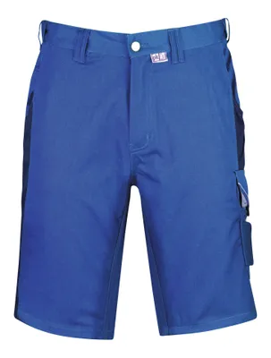 A pair of blue work shorts shown from the front.
