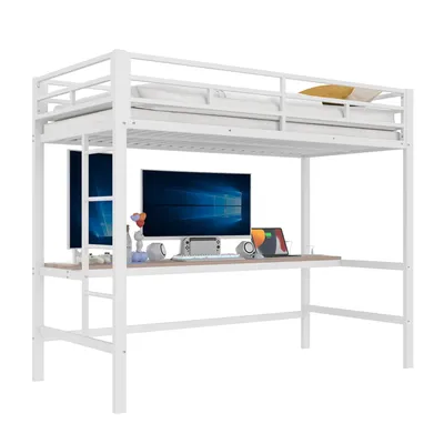 Produktbild von Hochbett mit Schreibtisch und LED-Beleuchtung, 90x200 cm, Kinderbett mit Rausfallschutz, Metallbett