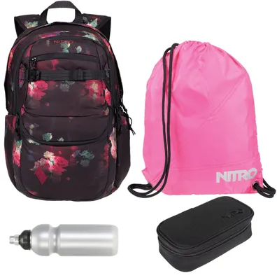 Produktbild von Schulrucksack Mädchen Schultasche 4 Teile Set Nitro Future Hero Rucksack inkl. Mäppchen Box, Sportbeutel, Trinkflasche schwarz rot Black Rose +rtmf