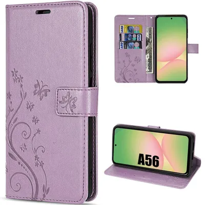 Image de Coque pour Samsung Galaxy A56 5G, Flip Case Cuir Synthétique Anti-Rayures Motif Plante Papillon Violet
