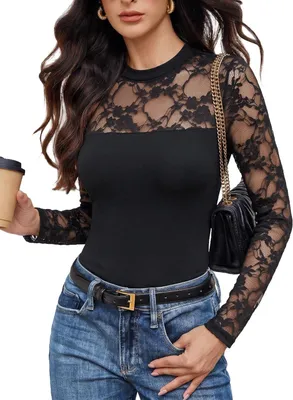 Produktbild von Damen-Body mit langen Ärmeln und Spitzenbesatz, schwarz, Größe S