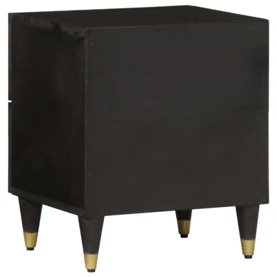 A black nightstand with gold-tipped legs is shown from a side-back angle against a white background.
