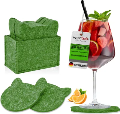 Image de wortek Dessous de verre en feutre - set de table décoratif + boîte de rangement I pour verres & table, set de 10 I 10cm I chat, vert