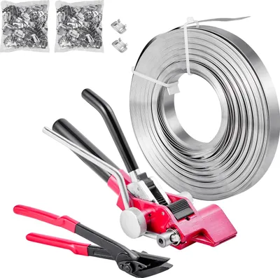 Zdjęcie produktu dla SucceBuy 4-częściowy zestaw do spinania taśmą stalową, ręczne narzędzie do spinania taśmą z 60 metrami metalowej taśmy, 200 metalowymi zszywkami i narzędziem do cięcia, idealne wyposażenie do pakowania, transportu i przechowywania w przemyśle
