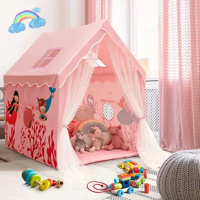 Produktbild von Dreamade Spielzelt Rosa für Kinder, Indoor & Outdoor, mit gepolsterter, abnehmbarer Decke, Netzfenstern & Tür mit Gazevorhang für Luftzirkulation. Robuste PVC-Stützen & stabile dreieckige Struktur. Aus Polyester-Baumwolle, PVC, PP-Baumwolle. Maße: 121x105x137 cm.