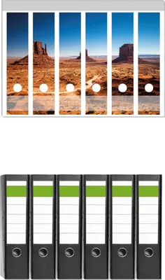 Produktbild von Wallario 6 Stück breite Ordner inkl. Klebeetiketten mit Motive Monument Valley unter blauem Himmel -  Set mit Rückenschildern / Ordnerrücken Stickern