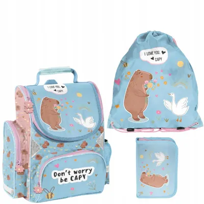 Immagine prodotto di Set da scuola a 3 pezzi per bambine e bambini CAPYBARA – Zainetto, astuccio e borsa