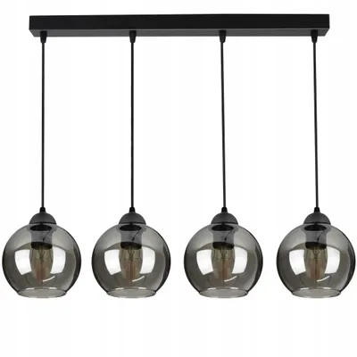 A product shot of a four-light pendant chandelier with smoked glass globes against a white background.