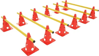 Produktbild von ROSEJANE 6er Steckhürden Set für Hunde & Koordinationstraining, 12 Markierungskegel mit 6 Stangen, höhenverstellbare Agility Hürden 6/14/23 cm, 32 cm Kegel & 100 cm Stangen für Hundesport, Fußball & Fitness