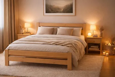 A bedroom scene with a wooden bed as the main focus, decorated with warm lighting and soft furnishings.