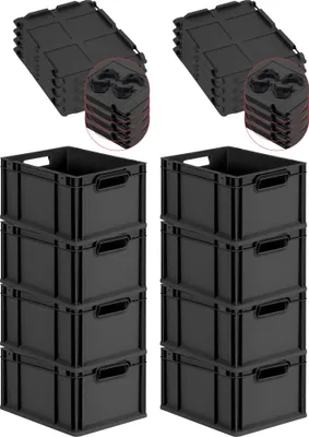 Produktbild von SuperSparSet 8x Eurobox NextGen Grip mit Scharnierdeckel und schwarzen Schiebeschnappverschlüssen | HxBxT 22x30x40cm | 20 Liter | Schwarz | Griffe offen | Eurobehälter, Transportbox, Transportbehälter, Stapelbehälter