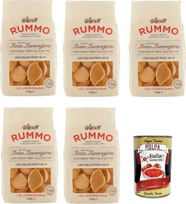 Produktbild von Rummo Le Leggendarie Conchiglioni Rigati ? 147 Pasta Lenta Lavorazione Teigwaren aus Hartweizengrieß Bronze-Zeichnung 5x 500g + Italian Gourmet polpa 400g