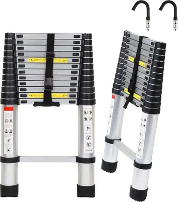 Obrázok produktu pre Teleskopický rebrík s háčikom – Soft Close – výška 3,8 m – multifunkčný – strieborný – pre začiatočníkov – nosnosť 150 kg