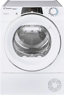 A front view of a white Candy RapidO tumble dryer.