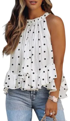 Produktbild von Damen Polka Dot Top ärmellos, lässiges Neckholder Tank Top mit Schleife, Größe 38