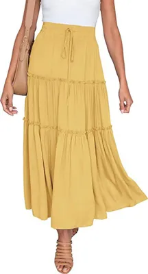 Produktbild von ASKSA Damen Elegant Maxirock Elastische Hohe Waist Rock A-Linie Ruffle Hem Kordelzug Swing Maxi Skirt, Gelb, XL