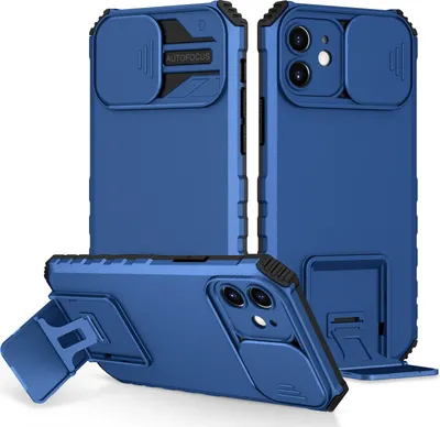 Image de Étui pour iPhone 12 étui de protection militaire double couche avec béquille et protection coulissante de l'appareil photo bleu