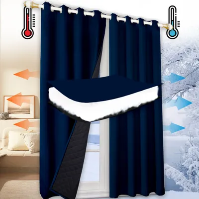 A close-up view of a dark blue thermal curtain, showing its layered construction and insulation properties, with graphics indicating temperature control.