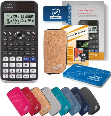 Produktbild von Casio FX-991 DE X Taschenrechner mit Tasche kork, Folie, Fachbuch und Zirkel Set