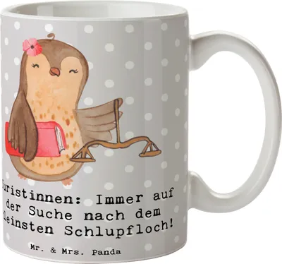 Produktbild von Mr. & Mrs. Panda Kaffeebecher Juristin Schlupfloch - Grau Pastell - Geschenk, Rechtsprechung, schöne tasse, Teebecher, Jurastudium, Juristinnen, Berufspassion, Gericht
