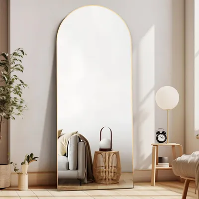 Productafbeelding van Spiegel voor het hele lichaam, 165x60 cm, gebogen, vloerspiegel met voet, goudkleurig