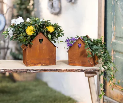 Image de 2x planteur "maison" en métal avec finition rouille, pot de fleurs extérieur, pot de plantes, récipient pour plantes, décoration de jardin pour l'extérieur