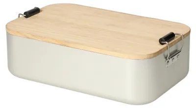 Immagine prodotto di Contenitore per alimenti "Bamboo" - Scatola porta-pranzo in alluminio con coperchio in legno di bambù e chiusura a molla - Argento