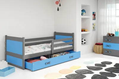 Obrázok produktu pre Detská posteľ s úložným priestorom s matracom 90x200 FERGUS - grafitová / modrá
