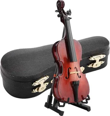Imagen del producto de Unyqoos® Miniatura de violonchelo hecha de madera de tilo, con dimensiones de 14 x 5 x 3 cm (5,5"), que incluye un soporte y una funda negra. Ideal como decoración para el escritorio o como regalo