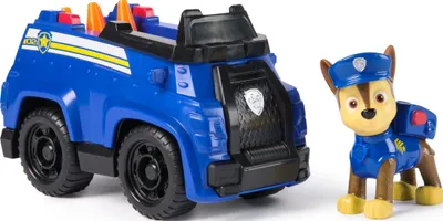 Produktbild von PAW Patrol Basis Fahrzeug mit Welpenfigur (Sustainable Basic Vehicle) - sortiert -Zufallsauswahl des Charakters - Dopplungen möglich, Polizeiwagen, 3 Jahr(e), Kunststoff, Schwarz, Blau