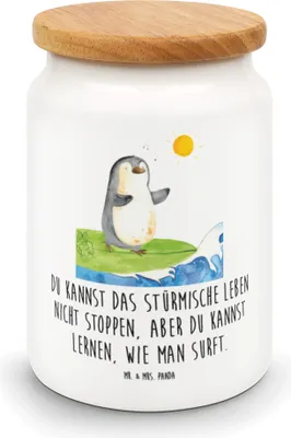 Produktbild von Mr. & Mrs. Panda behälter Pinguin Surfer - Weiß - Geschenk, Motiviert, Kaffeedose, Portugal, Hawaii, Optimistisch, tee, Dose, Teedose, Frischhaltedose, Urlaub
